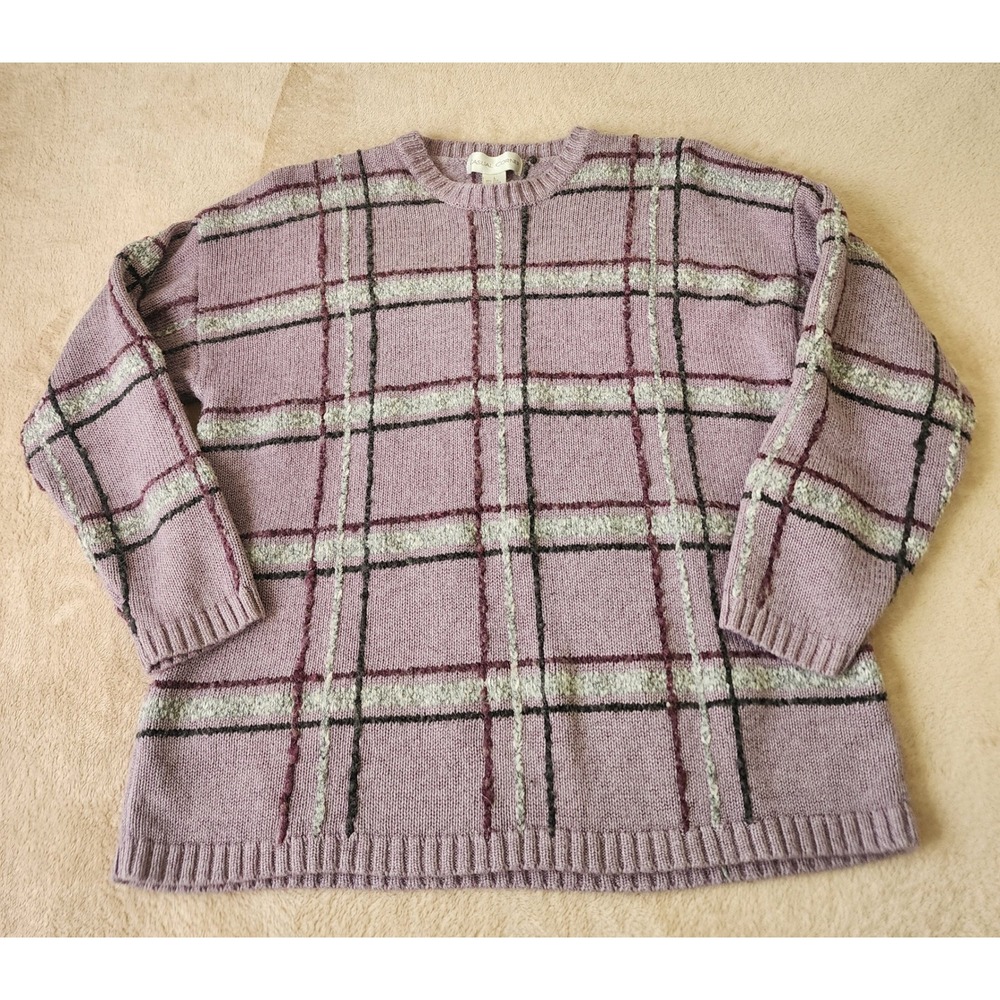 Casual Corner Vintage Silk Blend Plaid Sweater Purple Textured Knit Large